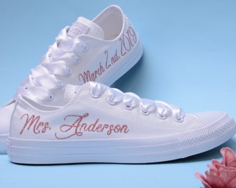 Converse de mariage personnalisée, Converse nuptiale personnalisée pour la mariée, baskets Converse personnalisées en or rose à paillettes roses