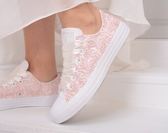 Converse bianche di lusso in pizzo per la sposa, scarpe da sposa