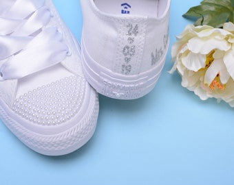 Personalized Converse shoes for Bride, Customised Converse, Monogrammed Converse, White Monochrome Bridal Converse