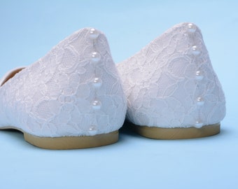 White Lace Flats for wedding, Bridal flats with Pearls