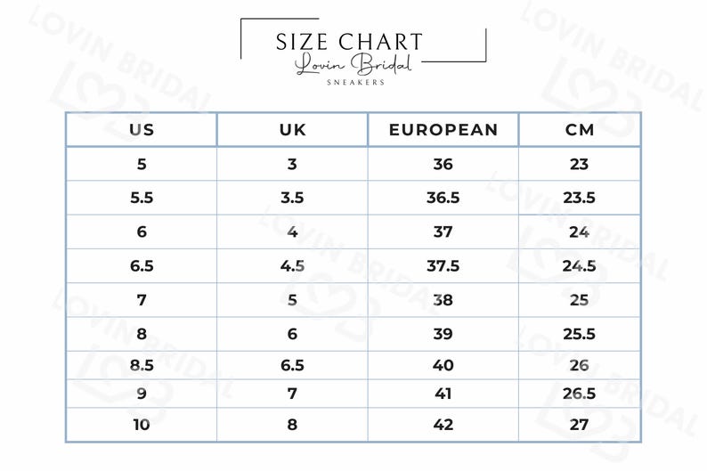 Pu&ograve; includere: Tabella delle taglie per sneakers in taglie US, UK, europee e CM. La tabella mostra le taglie da 5 a 10 US, da 3 a 8 UK, da 36 a 42 europee e da 23 a 27 CM.