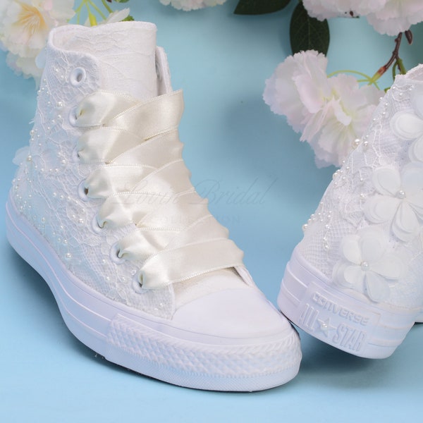 Luxury Lace Ivory Wedding Converse High Top, Custom Converse Shoes For Bride, Bridal High Top Sneakers with Lace