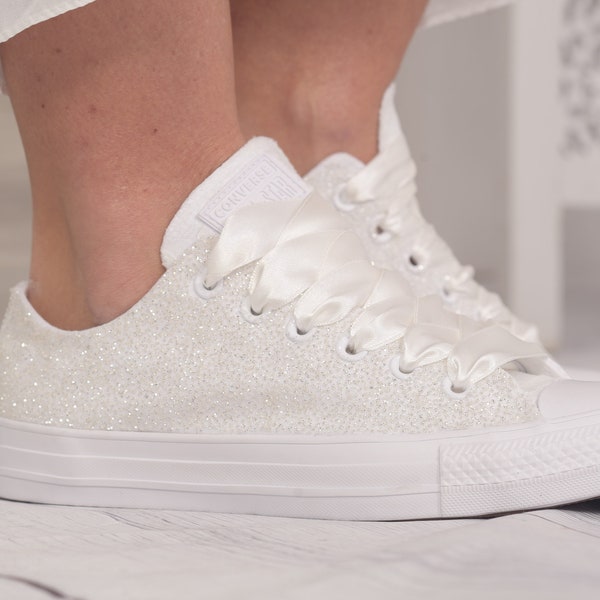 Ivory Glitter Converse For Bride, Fabrik Glitter Wedding Sneakers, Brocade Bridal Trainers