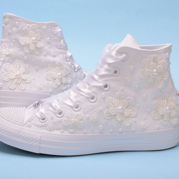 High Top Wedding Sneakers For Bride, Bridal Trainers With Flowers, Bridesmaid Tennis Shoes, Converse High Top