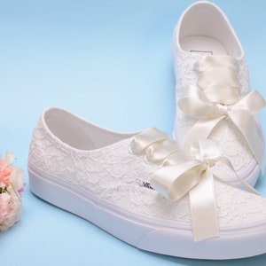 Custom Vans Bridal, Ivory Wedding Vans for Bride, Customized Vans Trainers, Lace Vans sneakers, Bride Vans Authentic for women