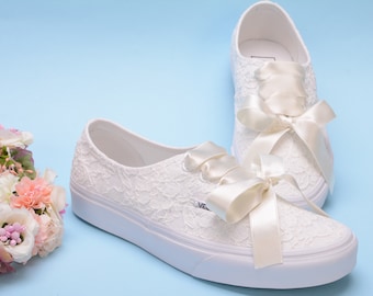 Custom Vans Bridal, Ivory Wedding Vans for Bride, Customized Vans Trainers, Lace Vans sneakers, Bride Vans Authentic for women