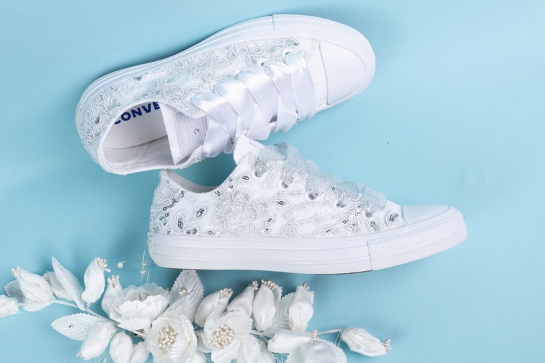 Luxury Silver sequin Wedding Converse, Custom Converse Shoes For Bride, Bridal Converse image 5