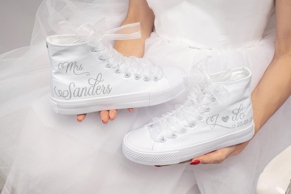 High Top Personalized Wedding Sneakers, Bridal Trainers Customised Wedding Shoes, Personalised Shoes With Wedding Date