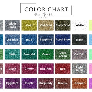 May include: Colour chart displaying 36 different glitter colours for bridal shoes. The colours include silver, gold, blue, green, pink, purple, and more.
