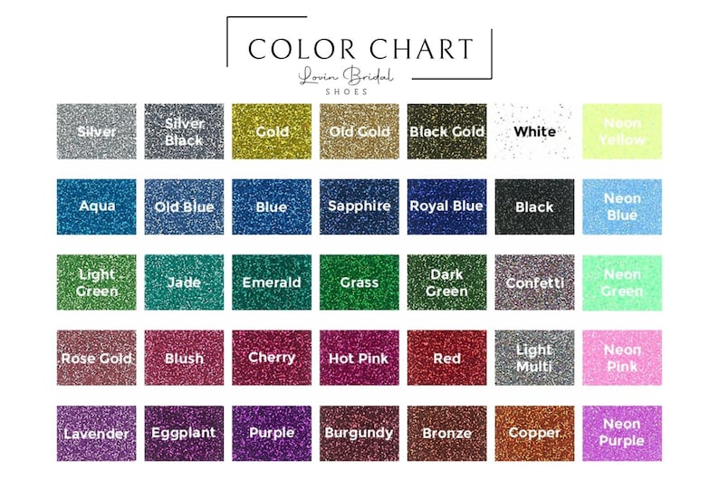 May include: Colour chart displaying 36 different glitter colours for bridal shoes. The colours include silver, gold, blue, green, pink, purple, and more.