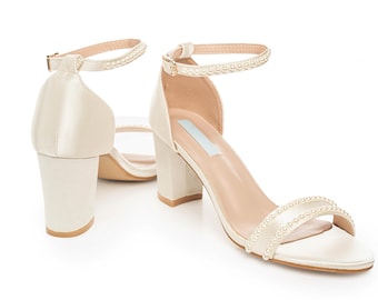 Ivory Satin Bridal Sandals with Pearls, Wedding Heels for Beach Ceremony