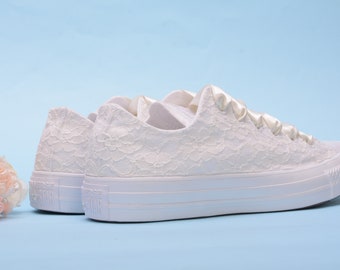 Ivory Lace Sneakers For Bride, Bridal Trainers, Low Top White Monochrome Chuck Taylor for Reception