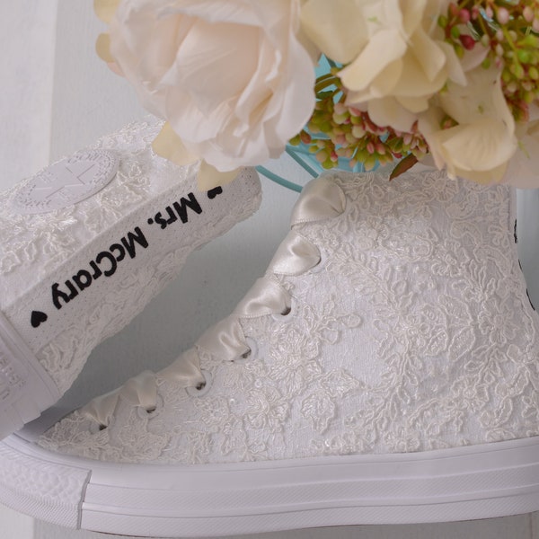 Custom Converse High Top Shoes For Bride, Luxory Ivory Wedding Converse For Bride With Lace, Bridal Sneakers with Dubai Lace