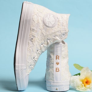 Lace Ivory Wedding Converse, Luxury Wedding Shoes For Reception, High Top Converse For Bride