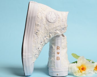 Lace Ivory Wedding Converse, Luxury Wedding Shoes For Reception, High Top Converse For Bride