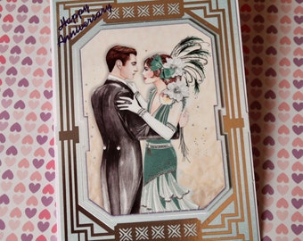Handmade Wedding Anniversary Card for Special Couple, Congratulations Card for Family or Friends, Art Deco Card