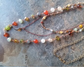 Bohemian Multistrand Gemstone Necklace: Czech Glass, Copper Wire Wrapped