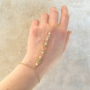 Seafoam green and champagne Czech and vintage glass beaded satin gold hand chain / gold slave bracelet / dainty hand chain / ring bracelet