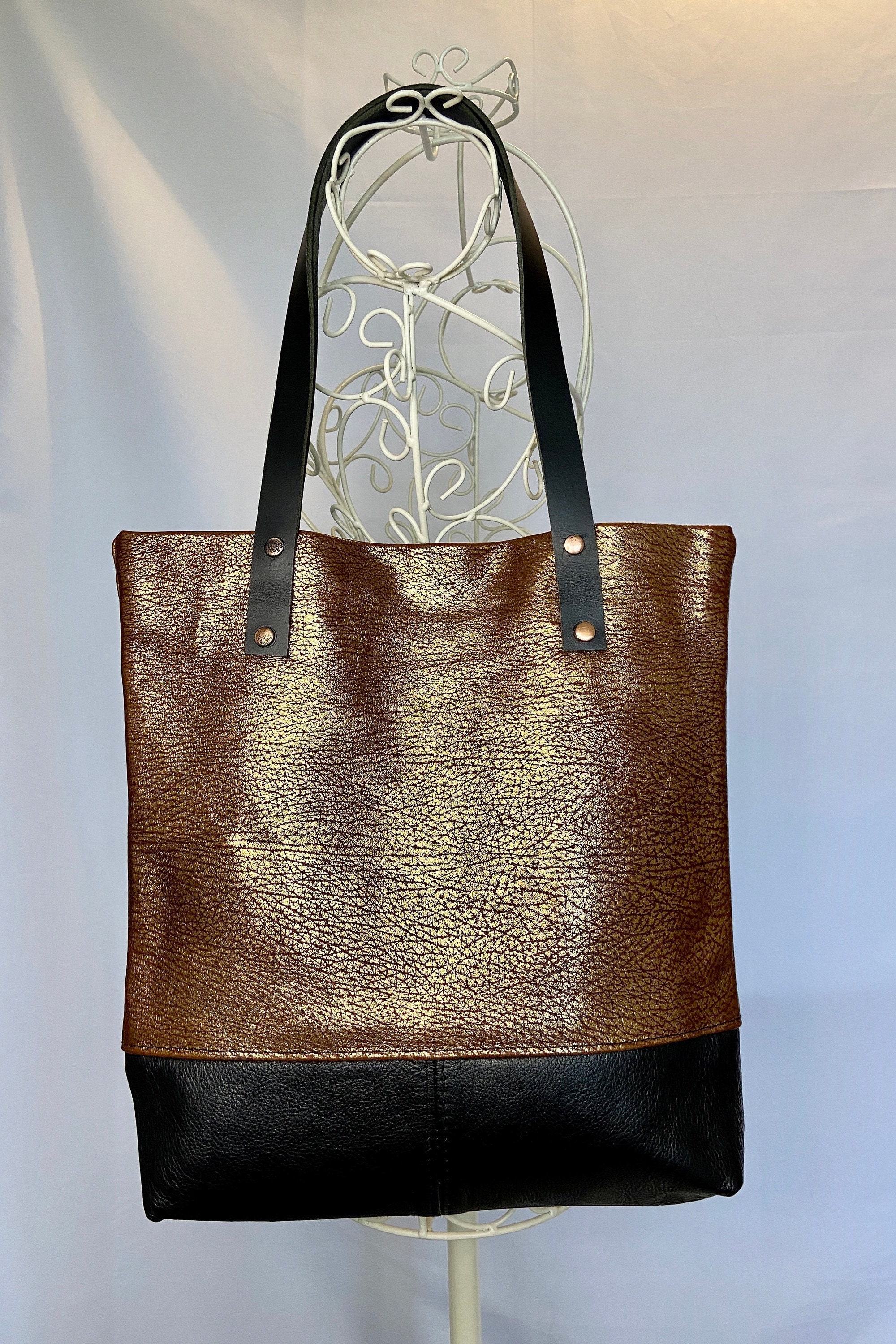 Borsa a mano bicolore Pelle rame/nera Grande Borsa a mano in