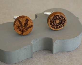 Personalized wooden cuff links draw engraved / custom gift mens with engraving animal, flower, symbol  / natural engraved wooden cufflinks