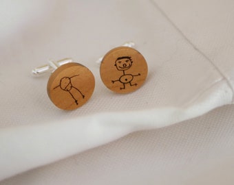 Personalized wooden cuff links kid drawing or draw engraved / custom Father gift mens  / natural engraved wooden cufflinks