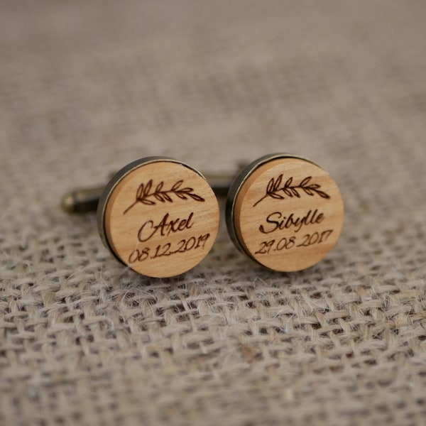 Round wood antique bronze cuff links  personalized with engraving, natural wooden cufflinks set with bow ties, handmade in France