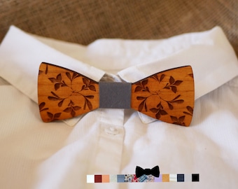 Kid wood bow tie engraving with flowers and your personalized text,  choice wood and ribbon, kid bowtie gift, custom bowtie