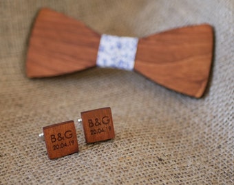 Engraved wood cuff links, square cherry wood handmade cufflinks,  boho wedding personalized with engraving, set with my bow ties, summe 18r