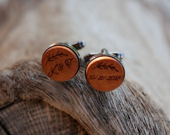 Custom round wood cuff links  personalized gifts with engraving, wooden cufflinks set with bow ties as Father day gift, handmade in France