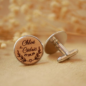 Wooden cabochons cuff links, rustic wedding gift mens personalized with engraving, natural wooden cufflinks set with bow ties