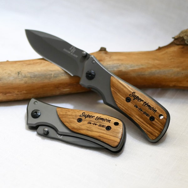 Couteau pliant manche en bois personnalisé, cadeau accessoire homme personnalisable par initiales, nom, message gravé, cadeau témoin papa