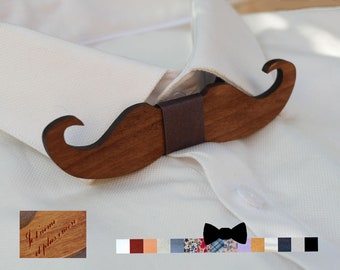 Noeud papillon moustache en bois à personnaliser par nom gravé, cadeau homme moustache, cadeau mariage invité, wedding party gift