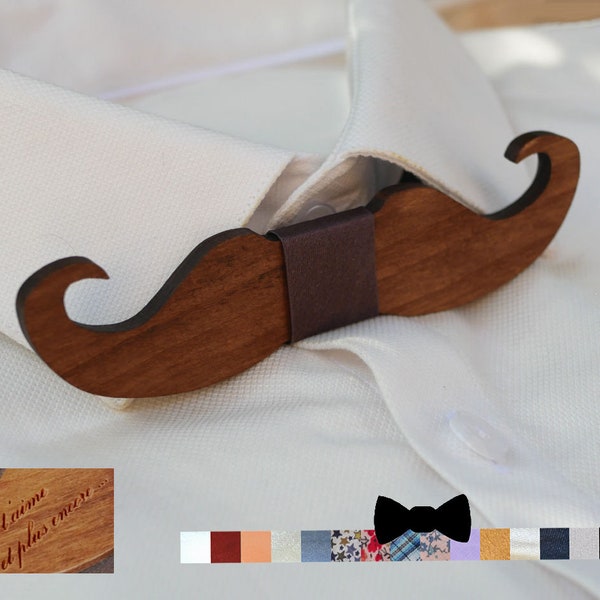 Noeud papillon moustache en bois à personnaliser par nom gravé, cadeau homme moustache, cadeau mariage invité, wedding party gift