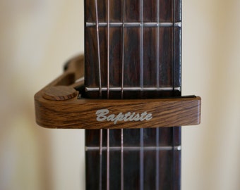 Personalized  wood imitation aluminum capo with your words engraved, custom guitarist gift, name or quote or date can be engraved