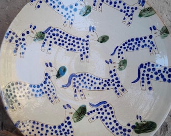 Set of 4, blue cheetah plates, hand painted plates, ceramic tableware, ceramic plates, handmade pottery from Egypt, clay plates, al fresco