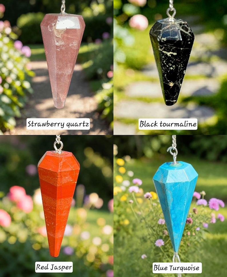 May include: A collection of four gemstone pendulums. The pendulums are strawberry quartz, black tourmaline, red jasper, and blue turquoise. Each pendulum is faceted and suspended from a silver chain. The names of the stones are written below each pendulum.