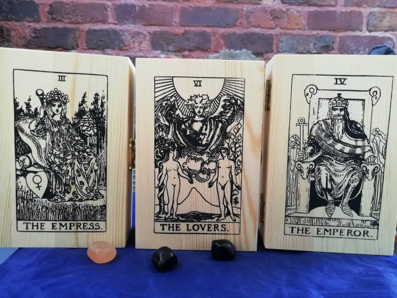 Tarot cards box 13 designs,handcrafted For storing your cards , Hinged with a metal clasp to front image 3