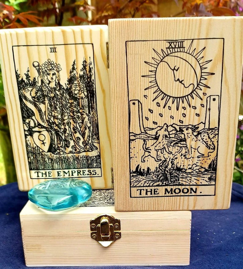 Tarot cards box 13 designs,handcrafted For storing your cards , Hinged with a metal clasp to front image 4