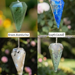 May include: Four gemstone pendulums hang from silver chains. The gemstones are Green Aventurine, Lapis Lazuli, Rainbow Moonstone, and Moss Agate. Each pendulum is a faceted, elongated shape. The names of the gemstones are written in white text at the bottom of each image.