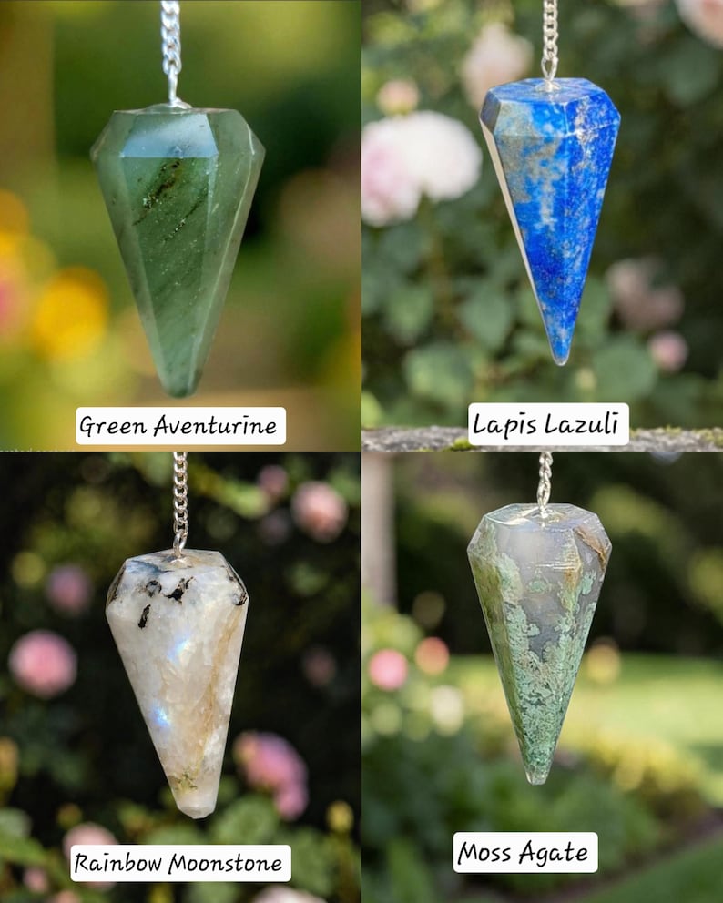 May include: Four gemstone pendulums hang from silver chains. The gemstones are Green Aventurine, Lapis Lazuli, Rainbow Moonstone, and Moss Agate. Each pendulum is a faceted, elongated shape. The names of the gemstones are written in white text at the bottom of each image.