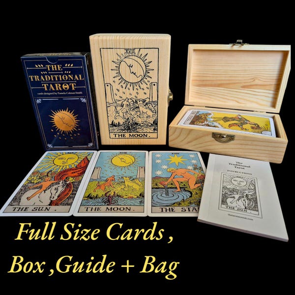 Tarotkortlek. Presentset med tarotkort, 78 kort + påse med tarotkort och bok + handgjord ask, designerask, presenter till henne.