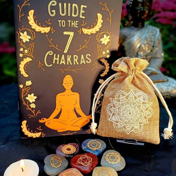 Juego de piedras de siete chakras, guía de piedras y bolsa, talladas a mano, en forma de corazón/óvalo/círculo