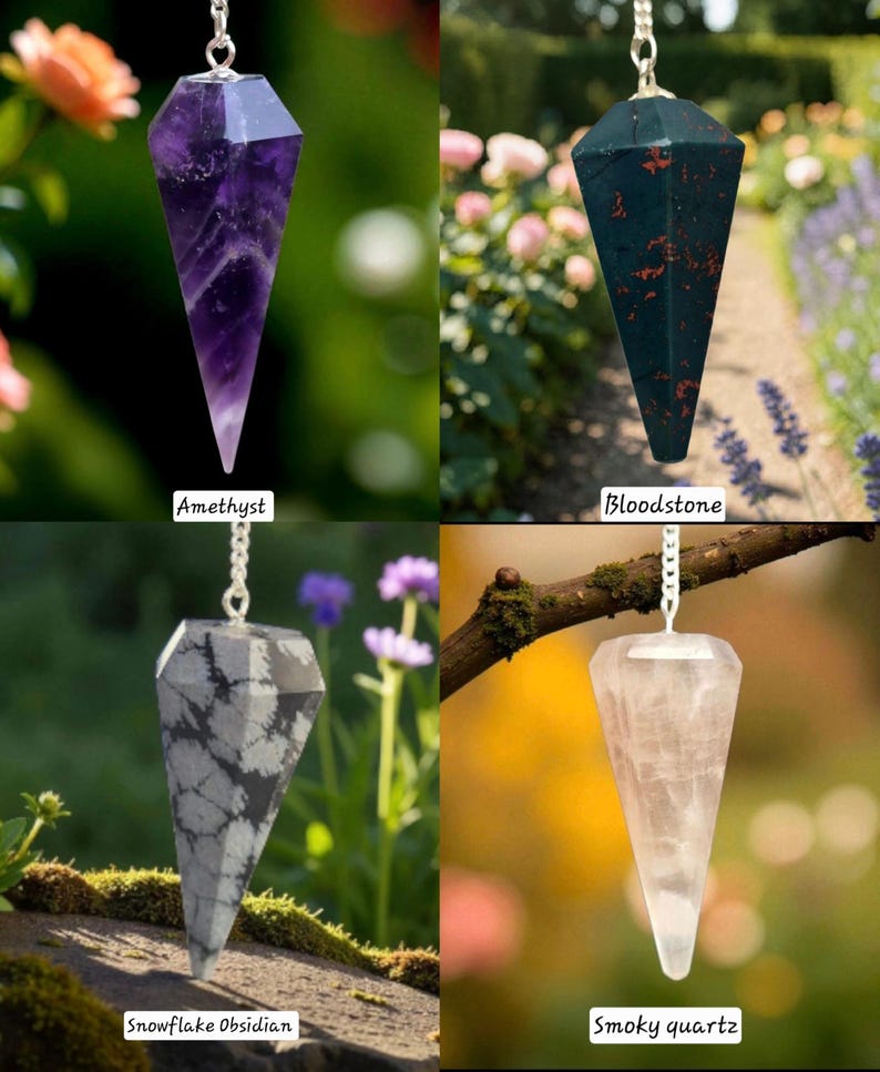 May include: Four gemstone pendulums: amethyst, bloodstone, snowflake obsidian, and smoky quartz. Each pendulum is suspended by a silver chain. The amethyst is purple, the bloodstone is dark green with red spots, the snowflake obsidian is gray, and the smoky quartz is translucent.