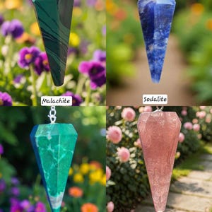 May include: Four gemstone pendulums hang from silver chains. The stones are malachite, sodalite, green turquoise, and rose quartz. Each pendulum has a faceted, elongated shape. The background features colorful flowers and greenery.
