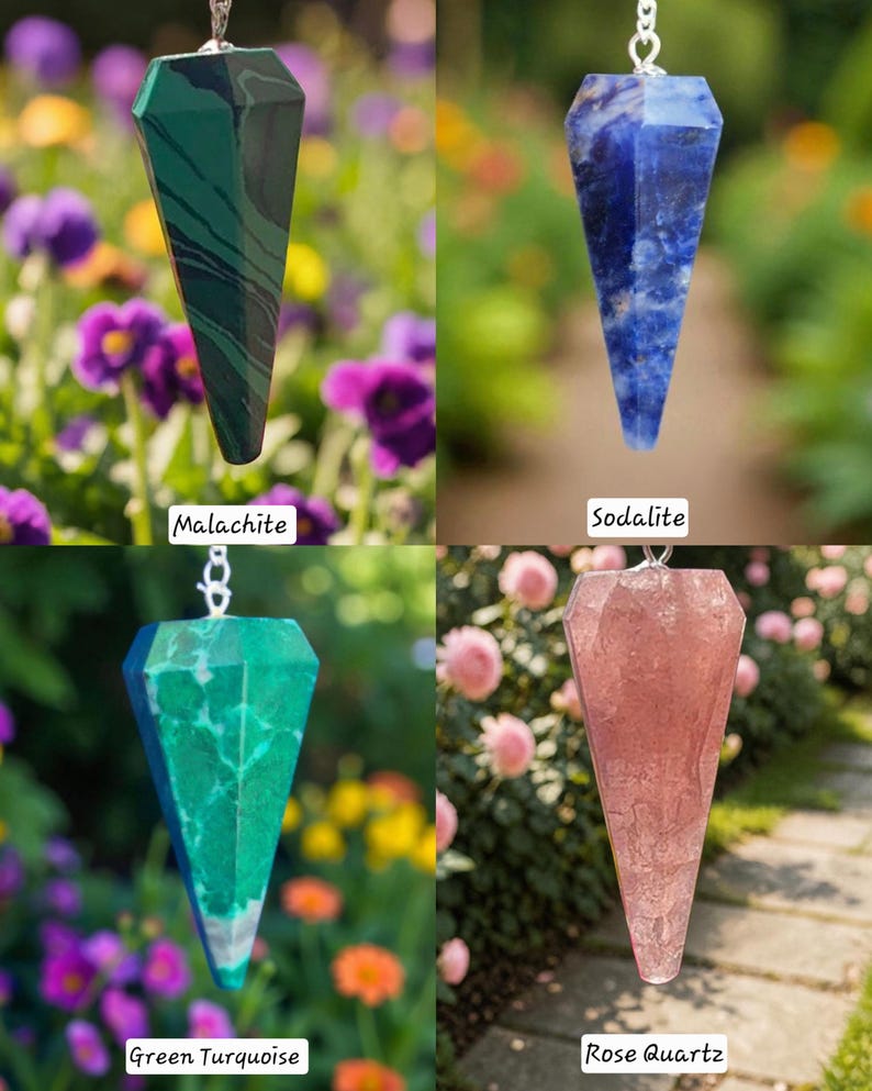 May include: Four gemstone pendulums hang from silver chains. The stones are malachite, sodalite, green turquoise, and rose quartz. Each pendulum has a faceted, elongated shape. The background features colorful flowers and greenery.
