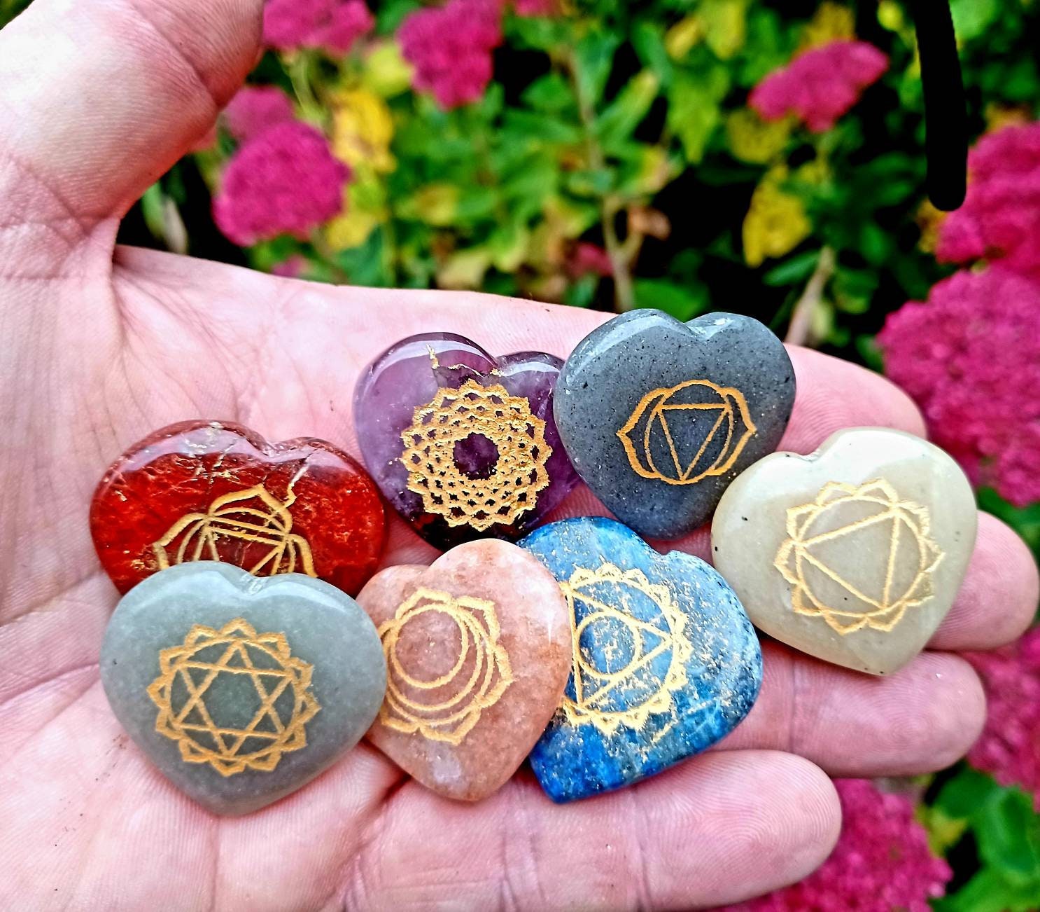 Seven Chakra Stones Set Stone Guide and Bag Hand Carved 