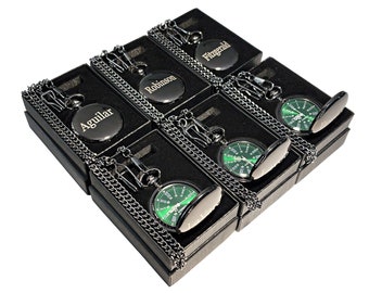 6 Engraved pocket watches, Personalized set includes the chains, boxes and engraving, green dial watch, Vintage style Groomsmen gift set