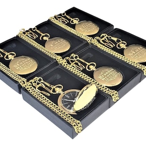 6 Gold polished Groomsmen Pocket Watches - Personalized Pocket watch set of 6 with chains and boxes, Wedding Vintage style gift set