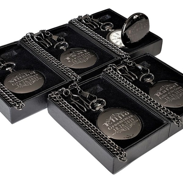 5 montres de poche Black Groomsmen - Ensemble de montres de poche personnalisées de 5 - Meilleur homme, ensemble officiant, montre de poche Usher, cadeaux pour les mariés