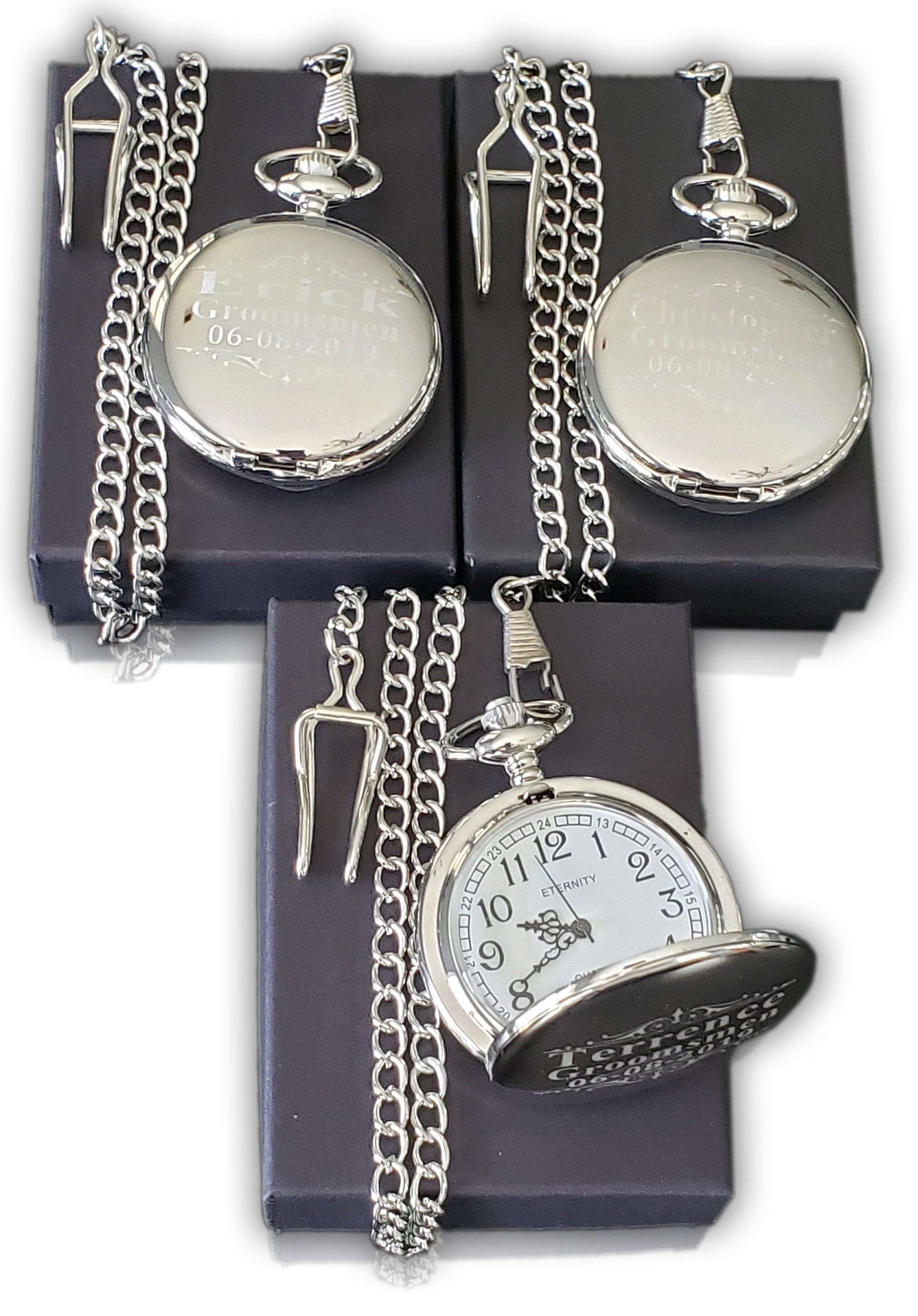 3 Taschenuhren mit Gravur - Vintage Hochzeit - Trauzeuge Geschenke - Personalisierte Geschenke für Sie oder Ihn